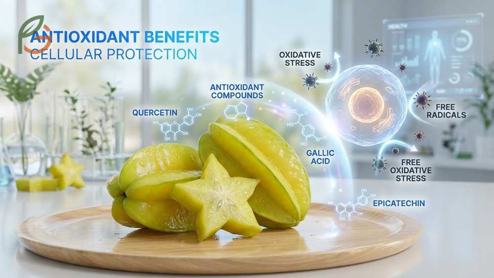 Antioxidant benefits fruit compounds like quercetin and gallic acid protecting cells from stress.