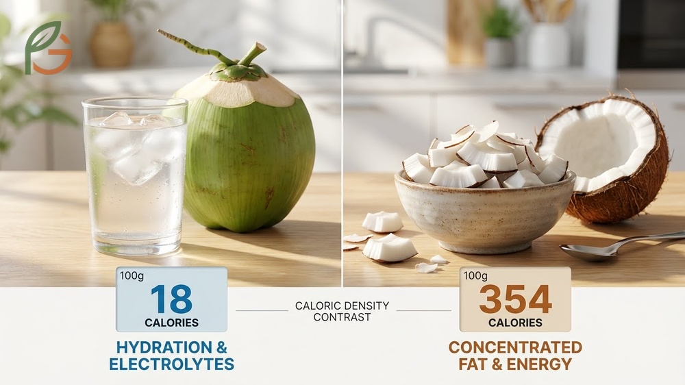 Calories in coconut water vs meat shows a distinct difference in energy density and fat content.