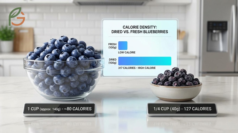 Calories in dried blueberries are much higher at 317 calories per 100g due to sugar concentration.