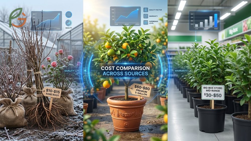 Cost comparison showing bare root plants at ten dollars versus potted specimens at fifty dollars from local nurseries.