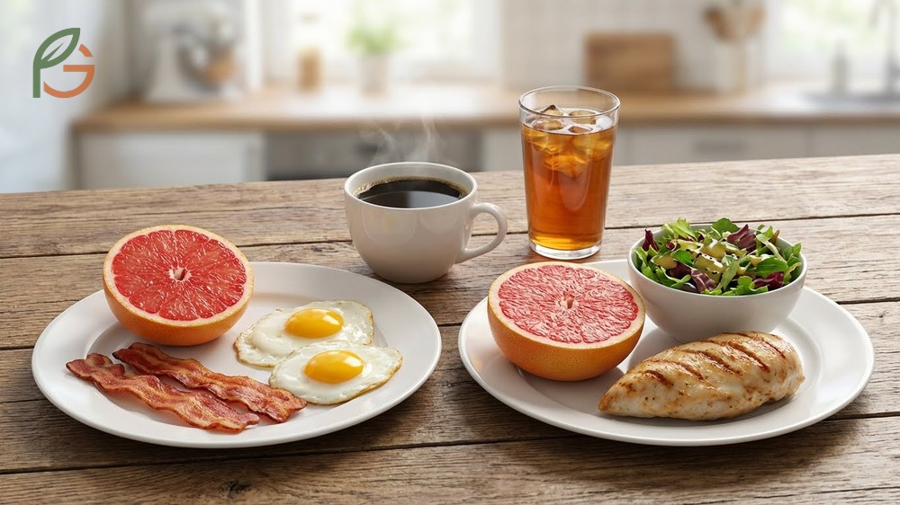 Grapefruit diet menu featuring half a grapefruit with eggs and bacon for breakfast totalling around 300 calories.