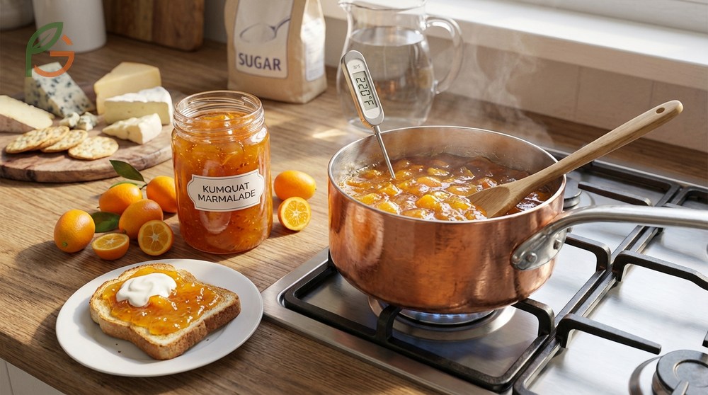 Kumquat marmalade recipe using 4 cups of chopped fruit and sugar boiled to 220 degrees Fahrenheit for a gelled spread.