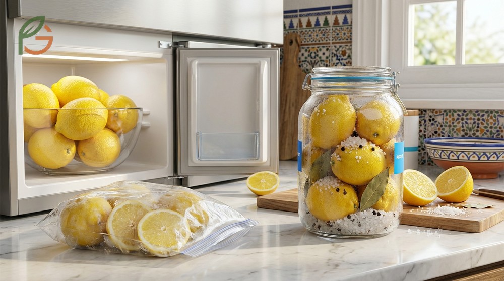Lemon storage methods include freezing whole lemons or using salt preservation to keep them for 6 months.
