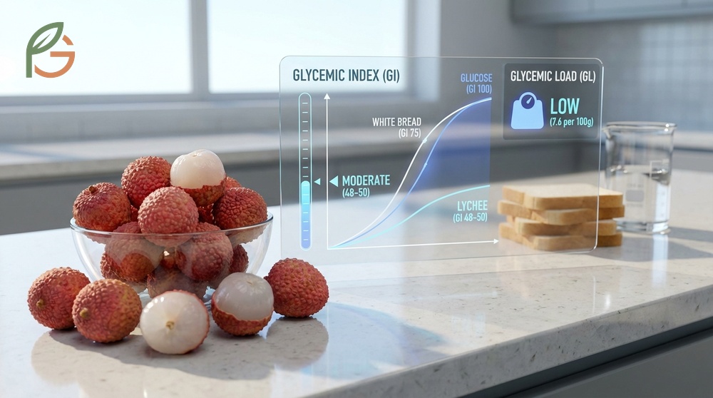 Lychee glycemic index falls between forty-eight and fifty making it a moderate GI fruit despite the sweetness.