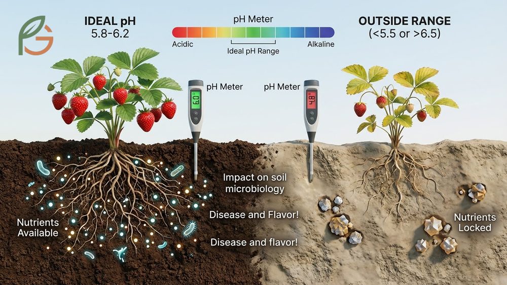 Digital pH meter measuring soil acidity to maintain the optimal range for strawberry plants.