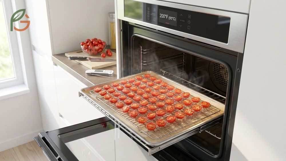How to dehydrate cherry tomatoes in an oven at 200 degrees Fahrenheit on parchment lined baking sheets for 2 to 4 hours.