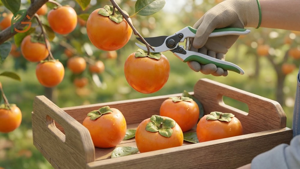 Picking persimmons guide suggests using sharp shears to cut the stem and handling fruit gently to avoid bruising.