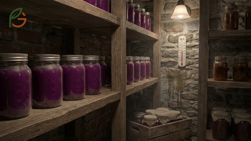 Preserve grape juice effectively by storing sealed jars in cool dark locations to maintain quality for 2 years.