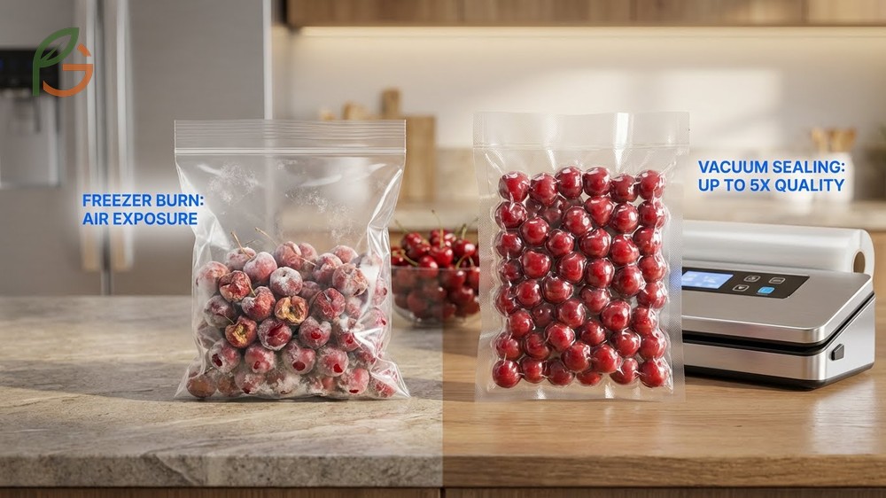 Preventing freezer burn on cherries using vacuum sealing or double bagging to protect fruit flavor and texture.