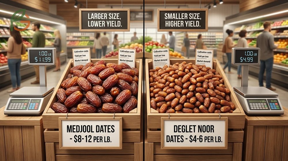 Size and price differences in date varieties showing Medjools costing 8 to 12 dollars per pound.