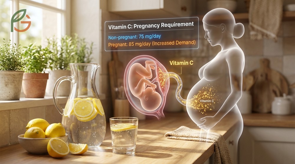 Vitamin C for pregnancy supports fetal tissue development with a recommended intake of 85 mg daily.