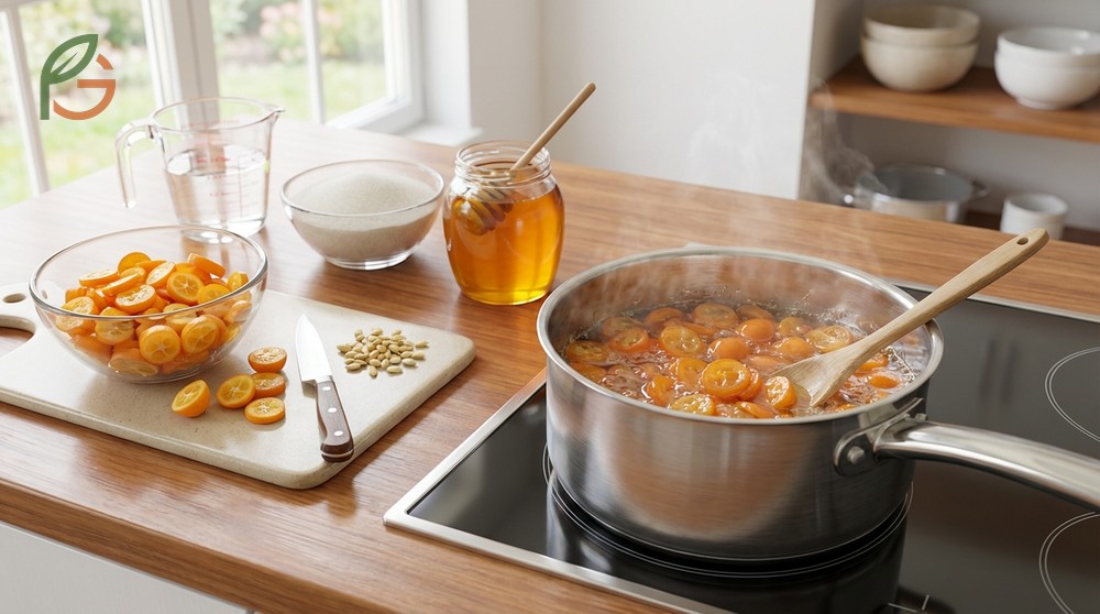 Candied kumquats prepared by simmering sliced fruit in simple syrup for 30 minutes to create a glossy dessert garnish.