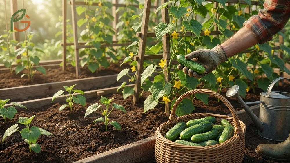 Row covers protecting late season cucumber plants from frost to extend the harvest period into the fall months.