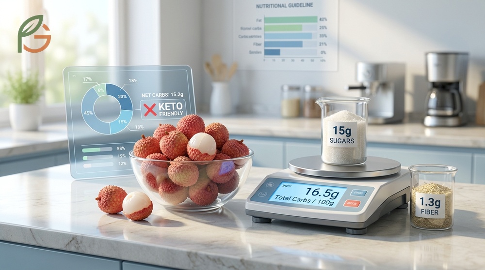 Lychee carbohydrate content includes roughly sixteen grams total carbs per serving with over one gram of dietary fiber.