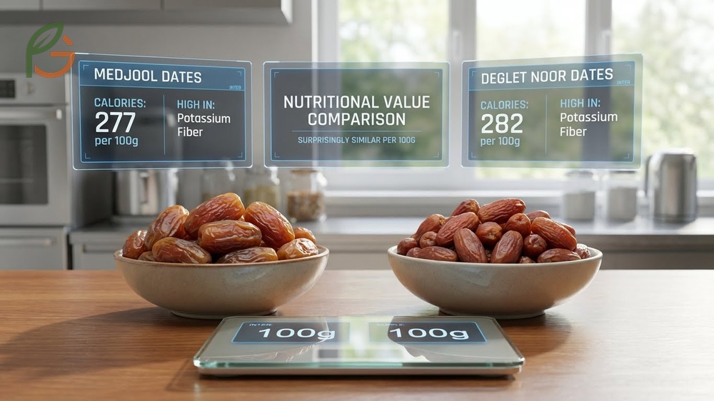 Nutritional value comparison of dates highlighting 6.7g of fiber per 100g in Medjools for satiety.
