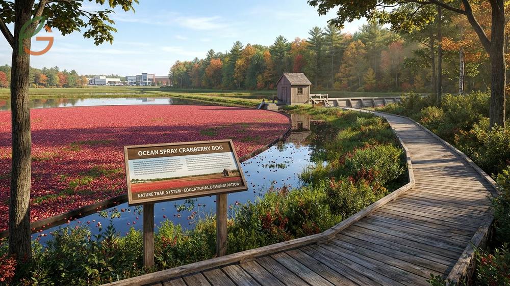 Ocean Spray cranberry bog at Patriot Place features a seven acre demonstration area with interpretive trails.