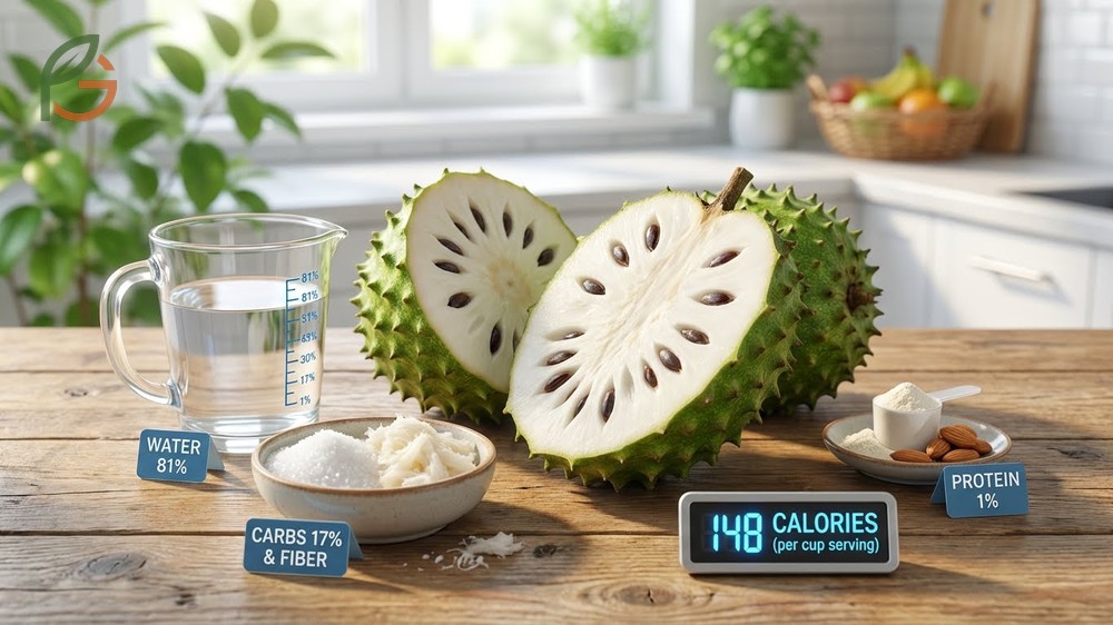 Soursop nutrition facts displaying 148 calories and 46.4mg vitamin C per serving for optimal daily health.