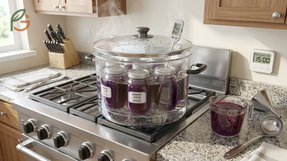Sterilize grape juice through thermal processing to destroy bacteria and create an anaerobic vacuum seal.