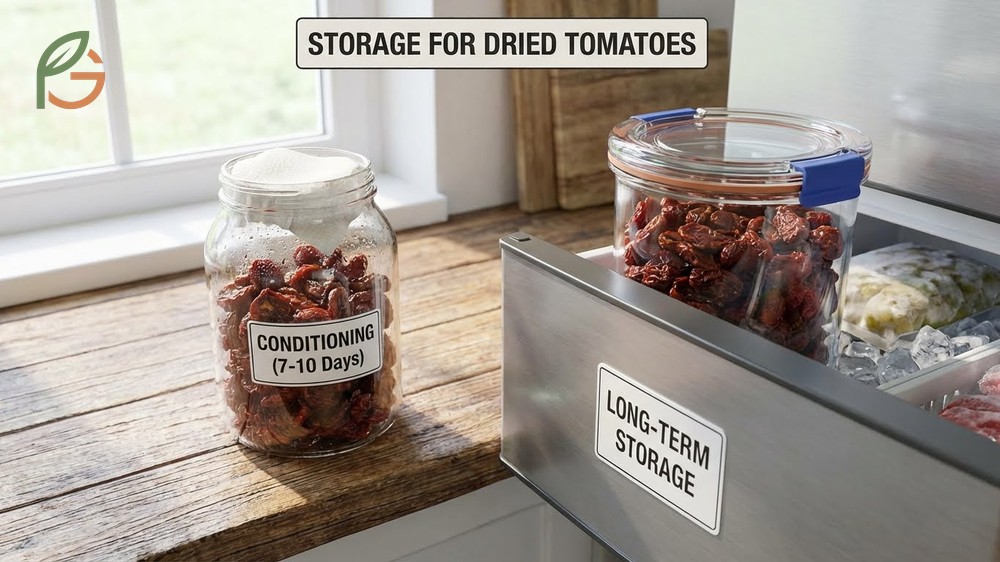 How to dehydrate cherry tomatoes concludes with conditioning in jars and storing in airtight containers or freezers.