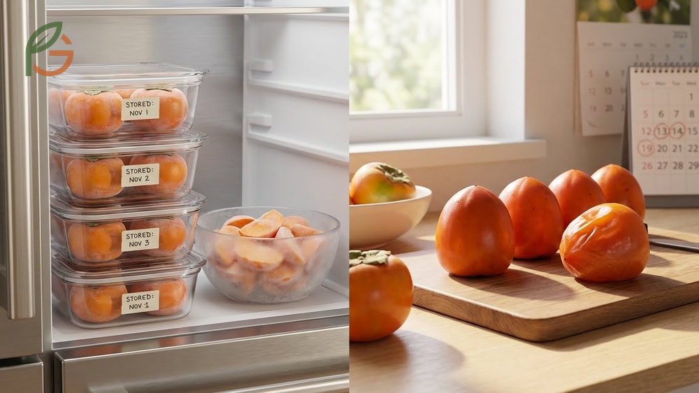 Storage and ripening persimmons involves keeping unripe fruit at room temperature or freezing Fuyus for long-term preservation.