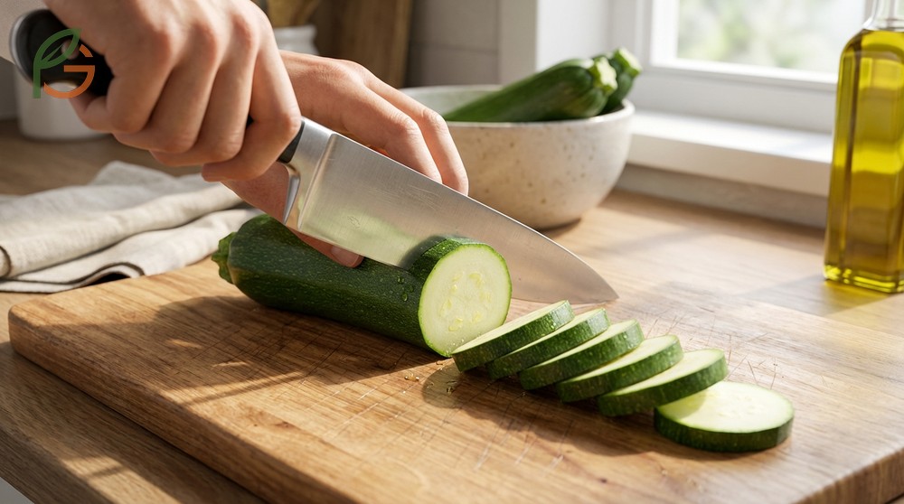 Zucchini cutting tips recommend using sharp knives and rocking motions to reduce moisture loss.