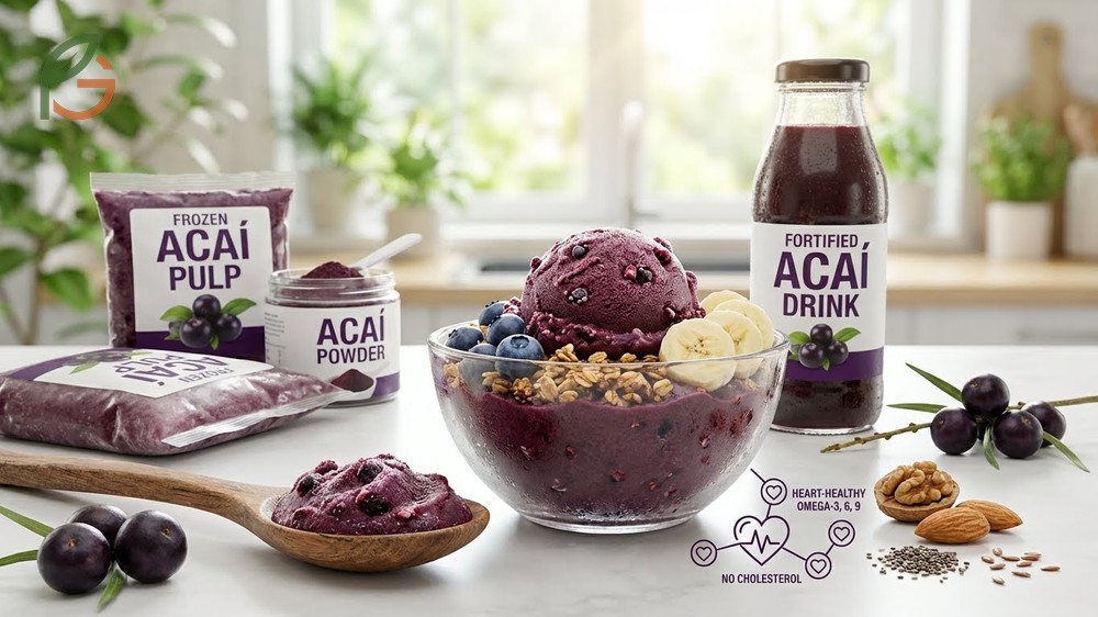 Acai berry fruit benefits nutrition facts detailing healthy omega fats and moderate calories per 100g serving.