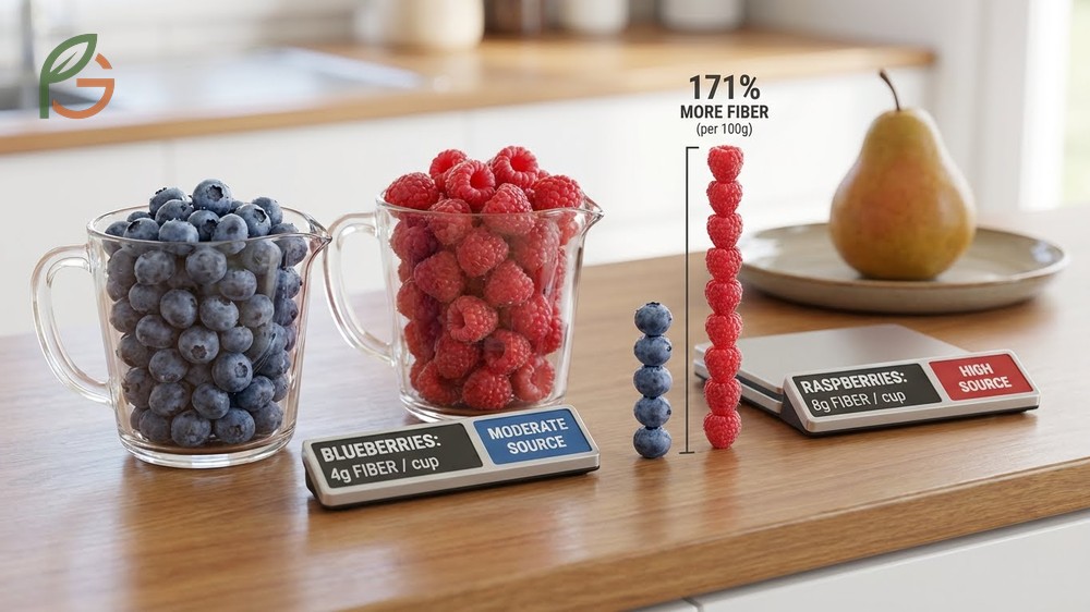 Are blueberries high in fiber comparison shows they provide moderate amounts compared to pears or raspberries.