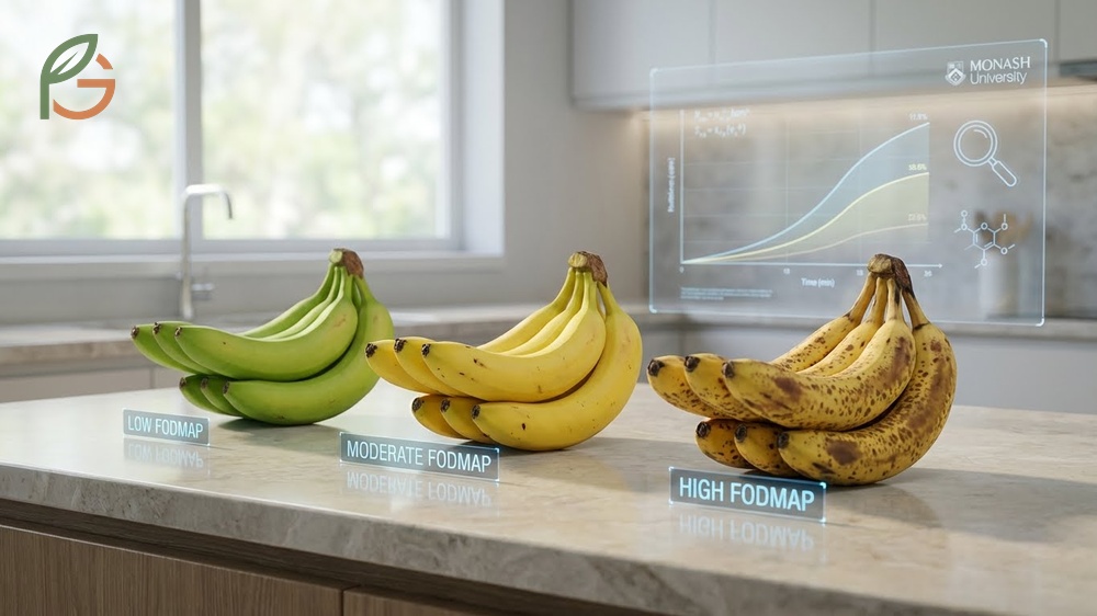 Banana fodmap levels rise significantly as the fruit turns from green to yellow with brown spots.