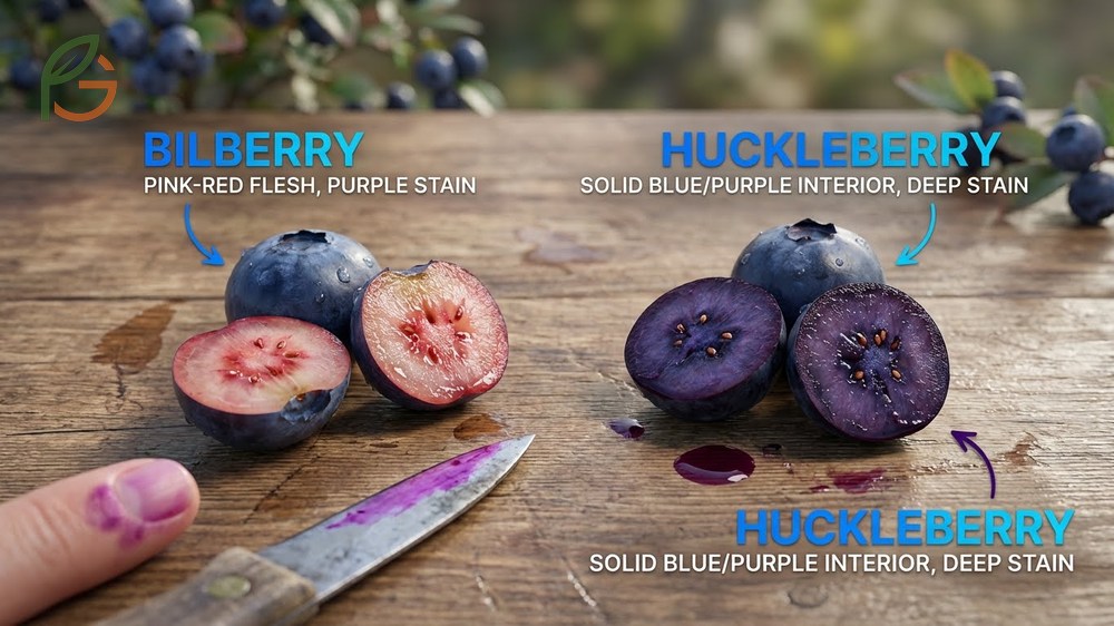 Bilberry huckleberry difference is best identified by pink red flesh versus blue interiors and hard seeds.