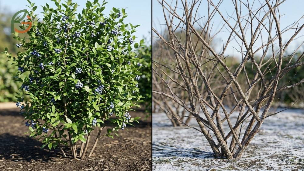What does a blueberry bush look like with elliptical leaves, white bell-shaped flowers, and red fall foliage.