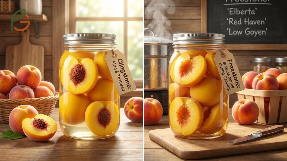 Canning peach varieties recommending clingstone types like Baby Gold for firm texture after water bath processing.