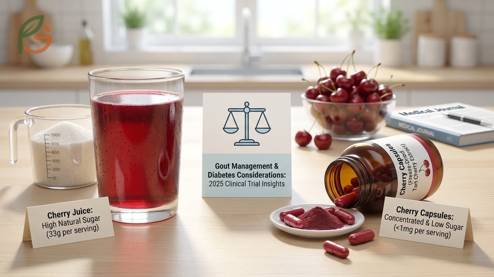 Cherry juice vs cherry capsules for gout comparison regarding sugar content and convenience for diabetes management.