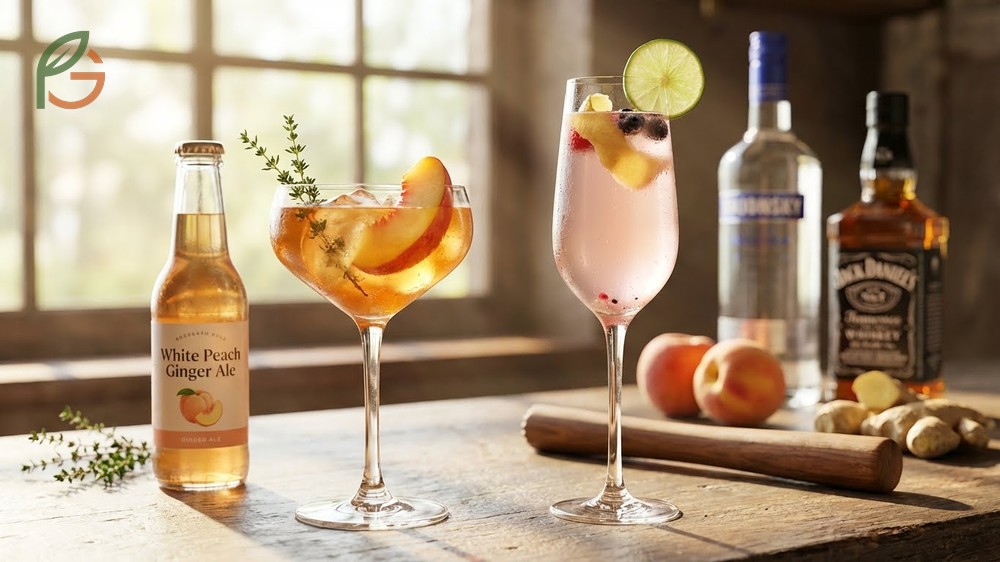 Cocktail and mocktail recipes using white peach ginger ale mixed with vodka or fresh ingredients.