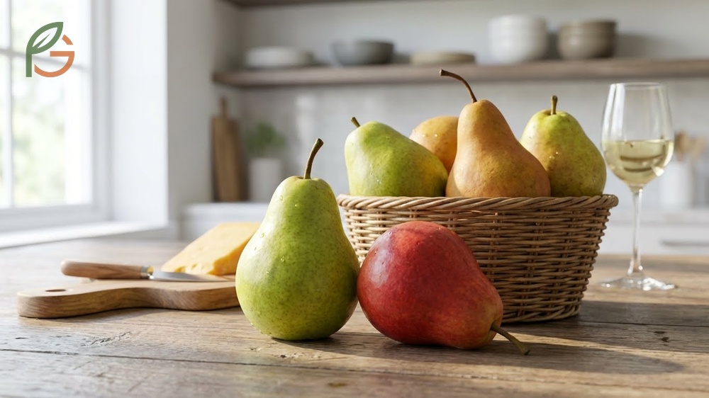 Common pear varieties flavor profiles featuring tangy Bartlett and honey sweet Bosc options available in US markets.