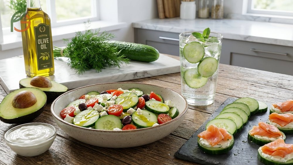 Cucumber keto recipes like salads and boats using healthy fats to keep meals under 5g net carbs.
