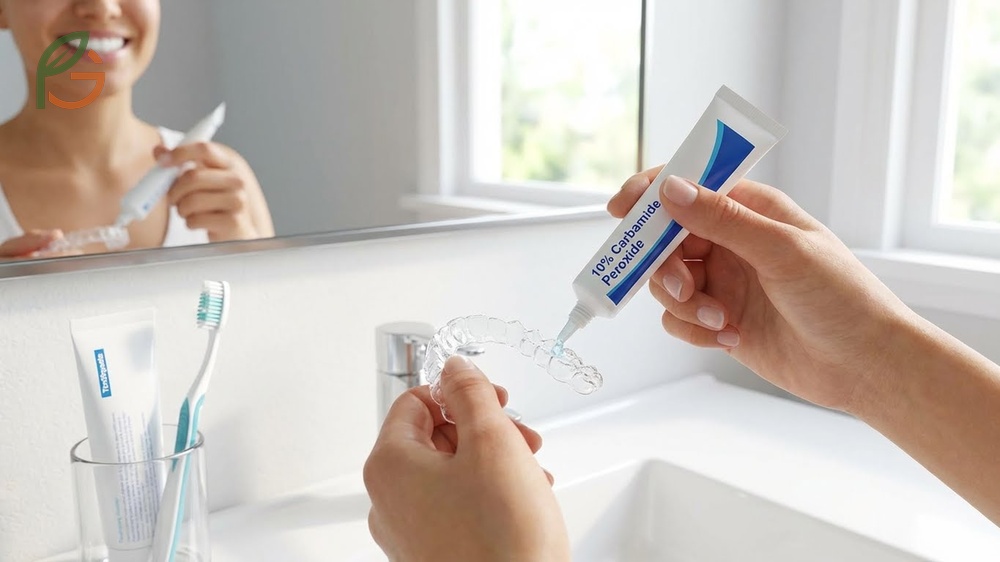 DIY whitening method utilizing professional trays and carbamide peroxide gel for safe and effective results.