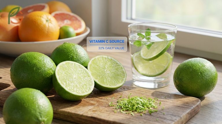 Do limes have vitamin c guide explaining that one medium lime delivers 32 percent of daily requirements.