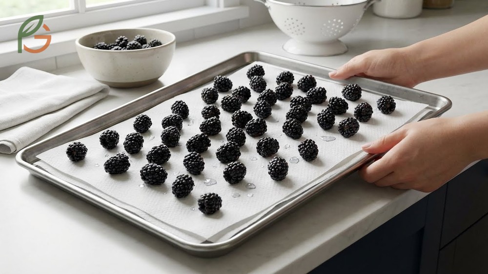 How to dry and store washed blackberries on paper towels in glass containers to prevent mold and extend shelf life.