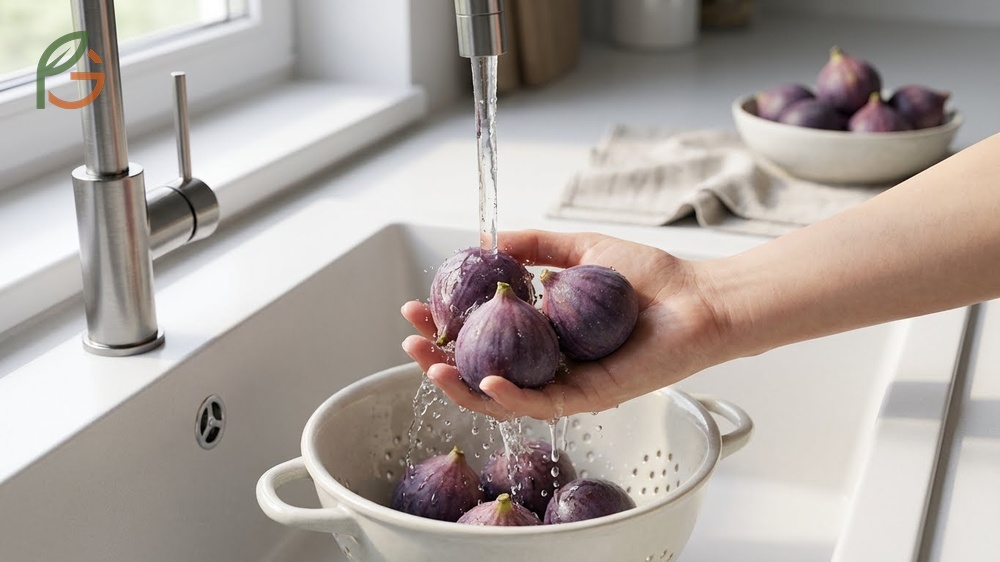 Eating whole figs safely by washing the fruit thoroughly under cool water to remove field debris.