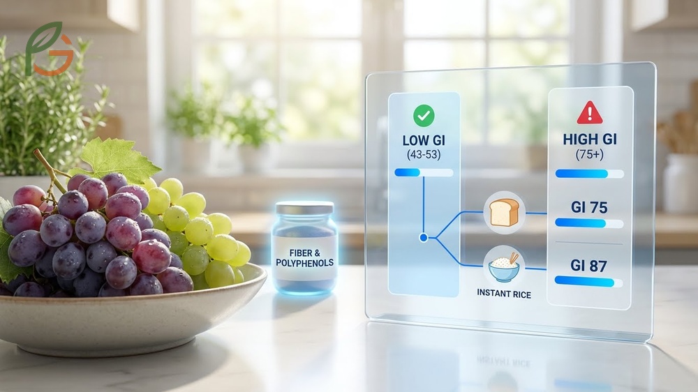 Grapes sugar content and glycemic index explained to show minimal impact on blood sugar spikes.