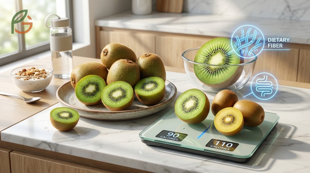 Green kiwi characteristics featuring high soluble fiber content for digestive health and lower calorie density.