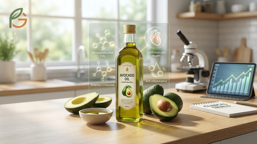 Health benefits of avocado oil including reduced blood pressure and improved cholesterol profiles.