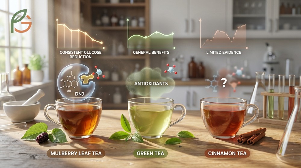 Herbal tea benefits compared show mulberry leaf tea offers superior glucose reduction through direct enzyme inhibition.