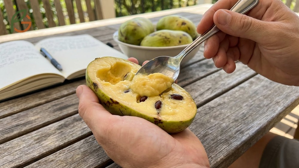 How to eat a pawpaw section highlighting its nutritional value of 80 calories per 100g serving and high fiber content.