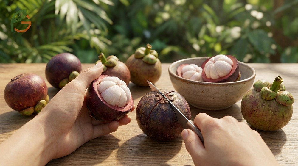 How to open mangosteen techniques include hand squeezing for fresh fruits and knife scoring for aged ones.