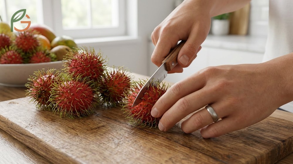 How to open rambutan cleanly using the equator cut method to expose the glossy white fruit inside.