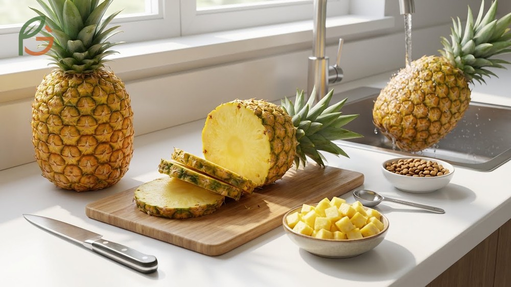 How to serve pineapple safely to cats by cutting fresh ripe fruit into kibble-sized pieces and removing the hard core.