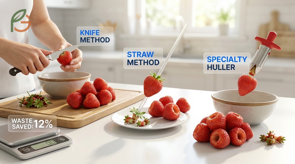 Hull strawberries easily using a knife or straw to remove the core without wasting fruit.