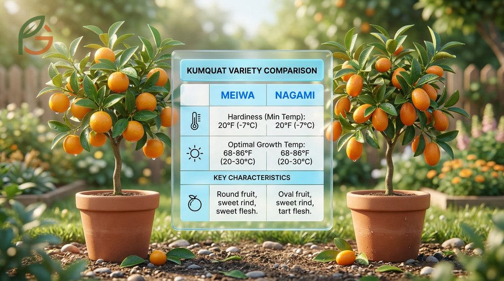 Kumquat variety comparison data regarding hardiness zones 8 to 11 and temperature tolerance down to 20 degrees Fahrenheit.