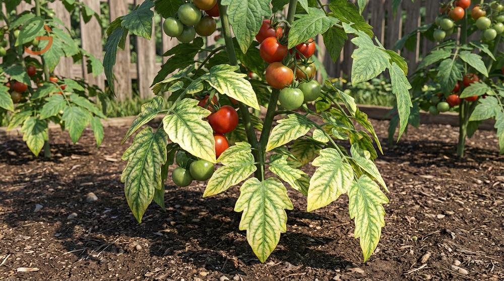Magnesium deficiency in tomato plants creates a striped appearance on older leaves while veins stay green.